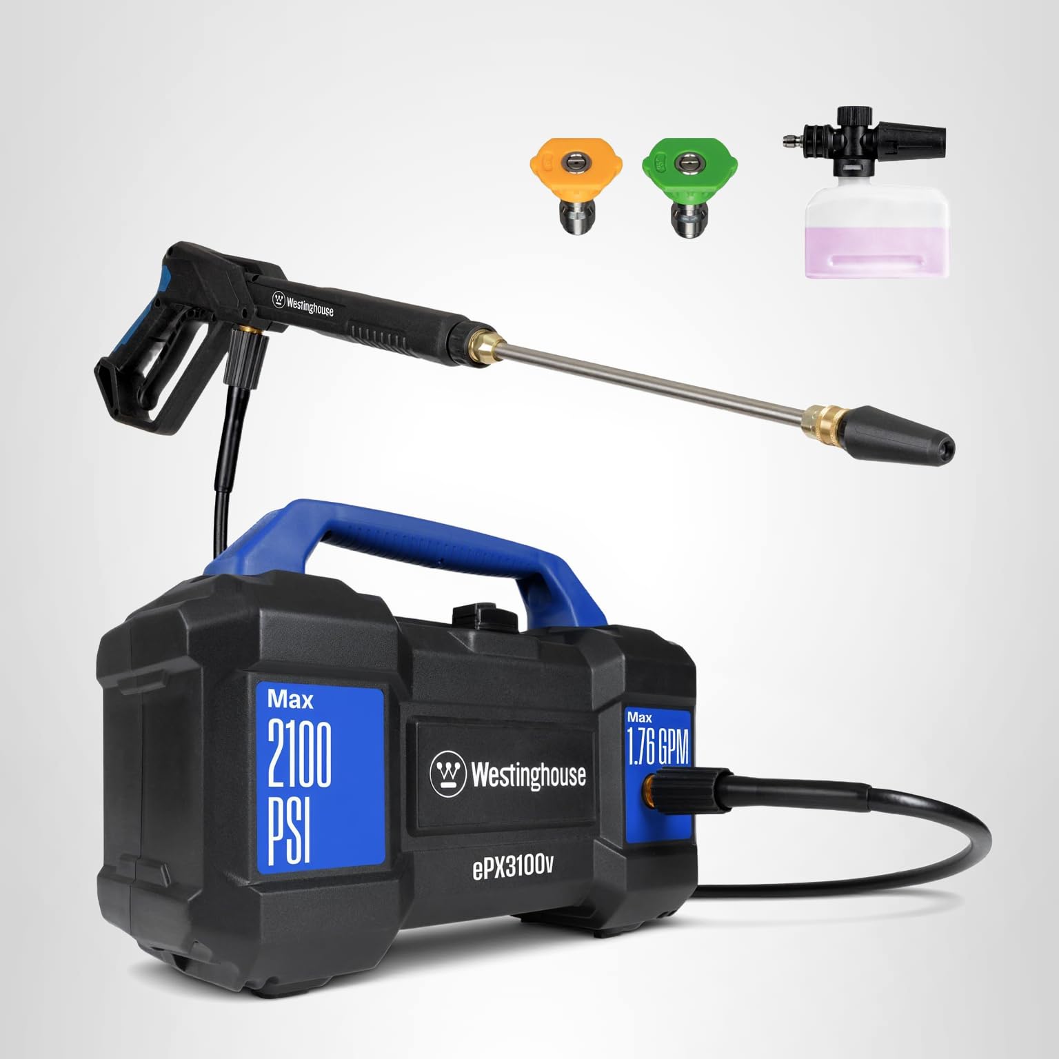 Westinghouse ePX3100v Electric Pressure Washer, 2100 Max PSI 1.76 Max GPM, Built-in Carry Handle, Detachable Foam Cannon, Pro-Style Steel Wand, 3-Nozzle Set, for Cars/Fences/Driveways/Home/Patios - Image 11